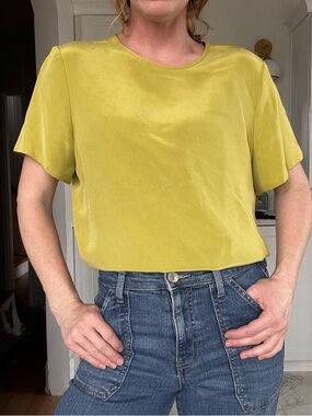 Silk Crewneck Blouse in Chartreuse - Women's silk boxy Top- petite